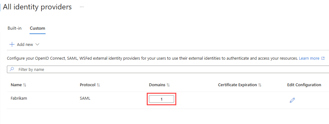 Screenshot showing the link for adding domains to the SAML/WS-Fed identity provider.