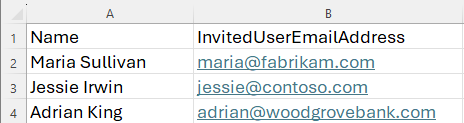 Screenshot that shows the csv file columns of Name and InvitedUserEmailAddress.