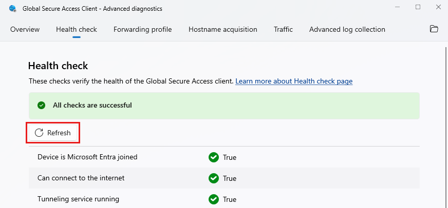 Screenshot of the Global Secure Access Health check tab with the Refresh button highlighted.