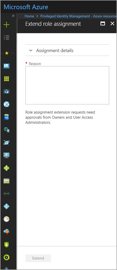 Screenshot of the Extend role assignment pane with a Reason box.