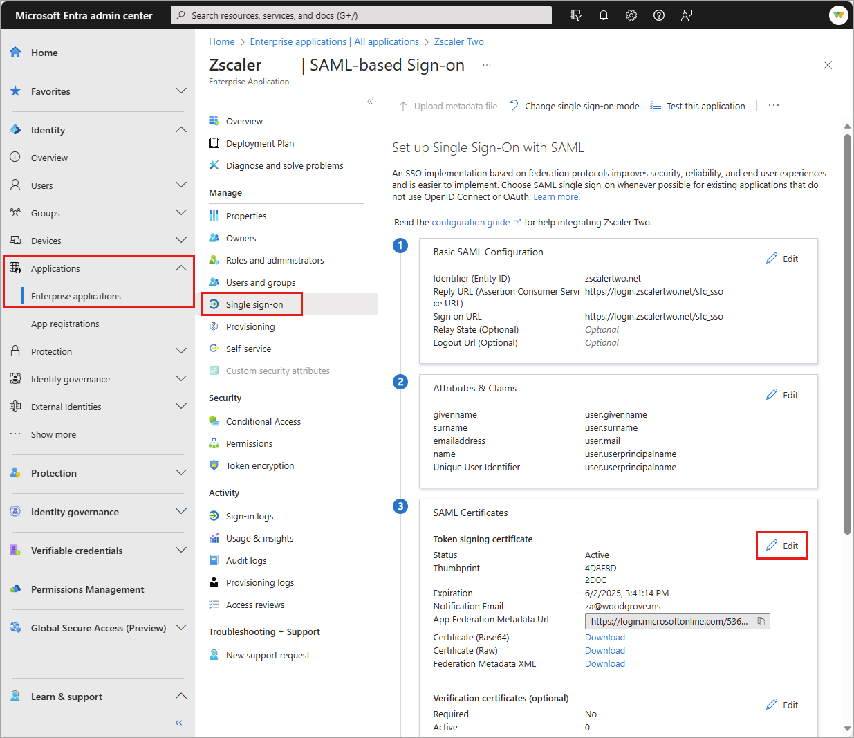 Screenshot of the edit single-sign-on process.