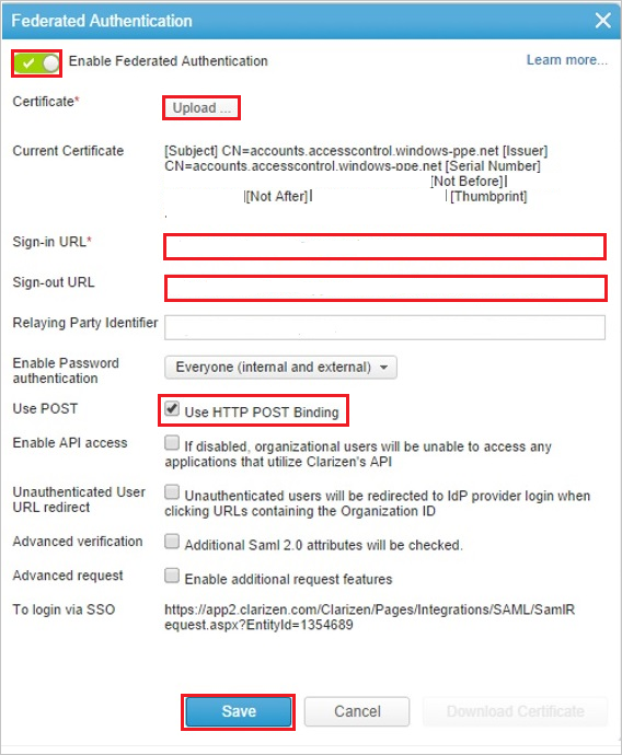 "Federated Authentication" dialog box