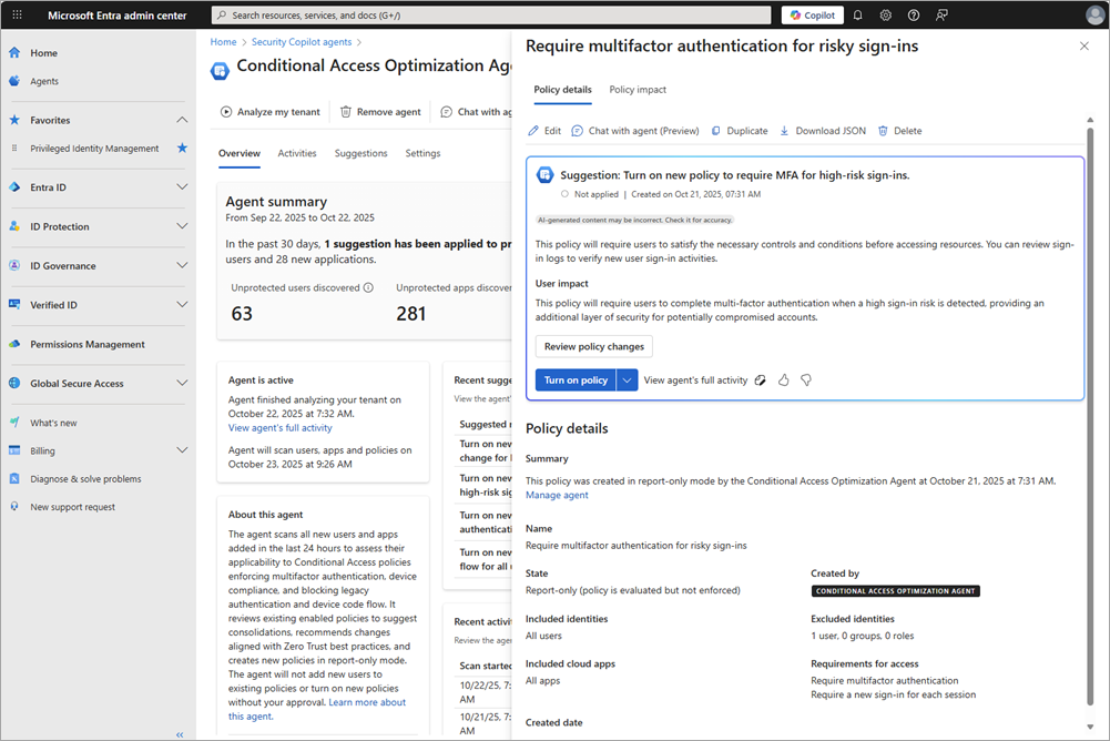 Screenshot of the agent with the policy suggestion details open.