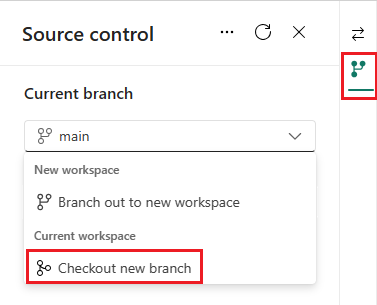 Screenshot of source control checkout a new branch option.