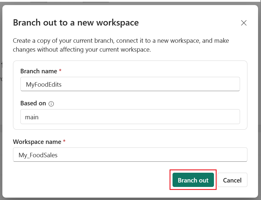 Screenshot of branch out specifying the name of the new branch and workspace.