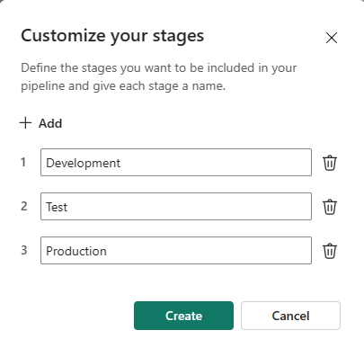 Screenshot of three default stage of a deployment pipeline.