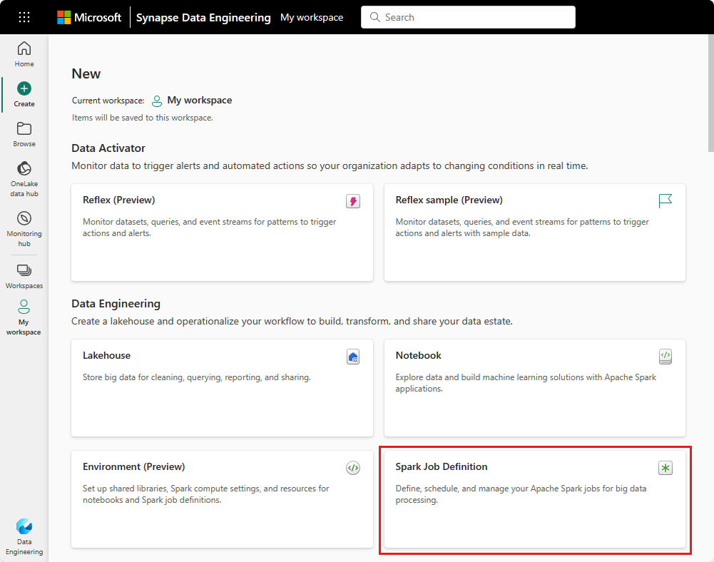 Screenshot showing where to select Spark job definition on the Create Hub.