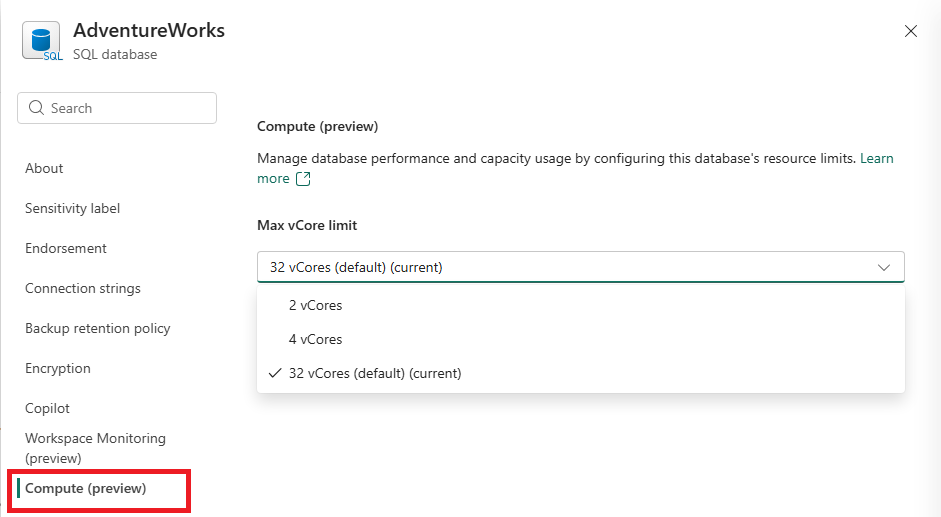 Screenshot from the Fabric portal showing how to configure the maximum v Core limit for a SQL database.