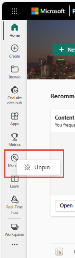 Screenshot showing the Unpin option to remove an item from the left nav.