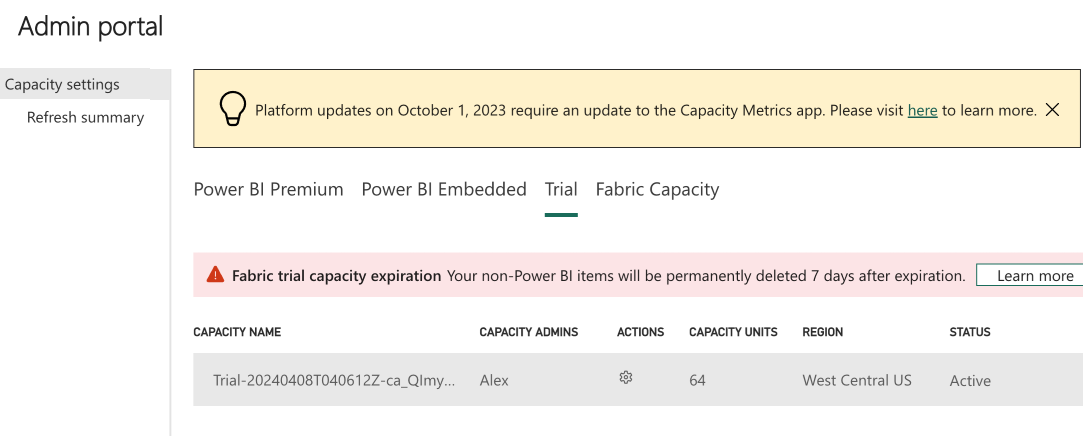 Screenshot of the Admin center showing Capacity settings selected.