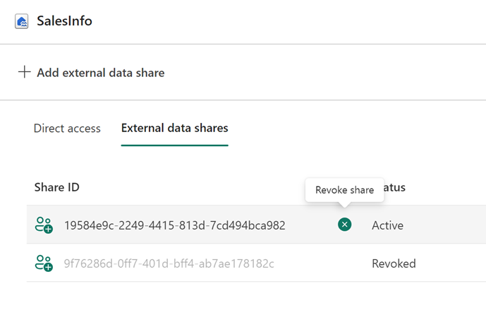 Screenshot showing how to revoke an external data share.