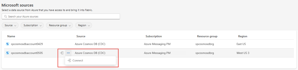 Screenshot that shows the Microsoft sources tab with filters to show Cosmos DB CDC and the connect button.