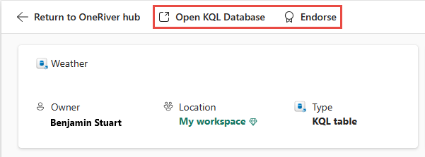 Screenshot that shows the actions available for a KQL table in the detail view page.