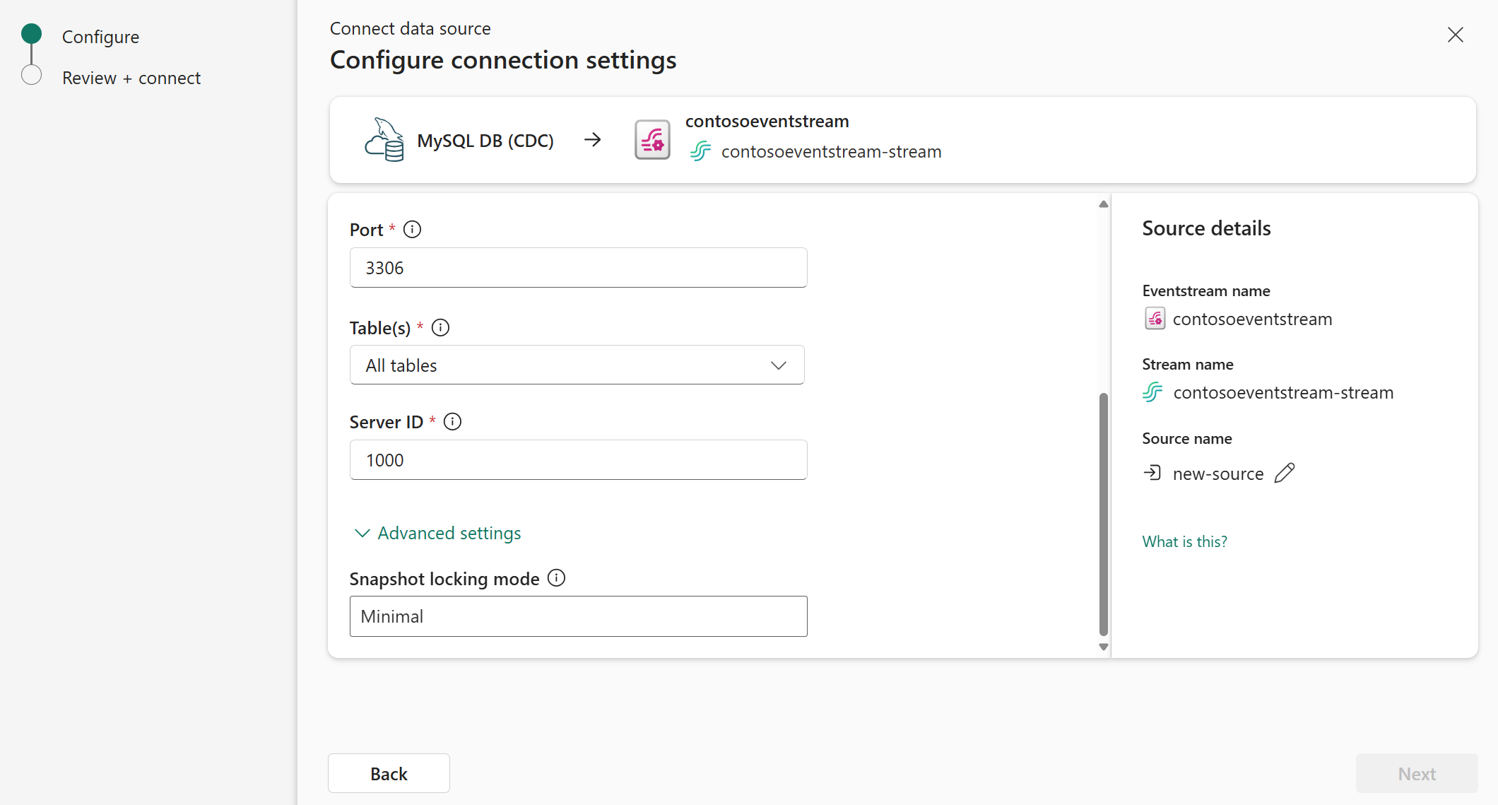 A screenshot of selecting Tables, Server ID, and Port for the Azure MySQL DB (CDC) connection.