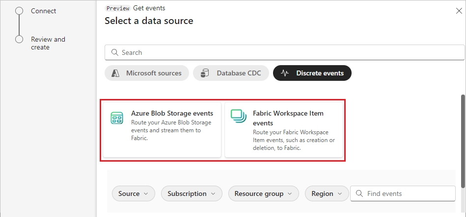 A screenshot of selecting Azure Blob Storage Events.