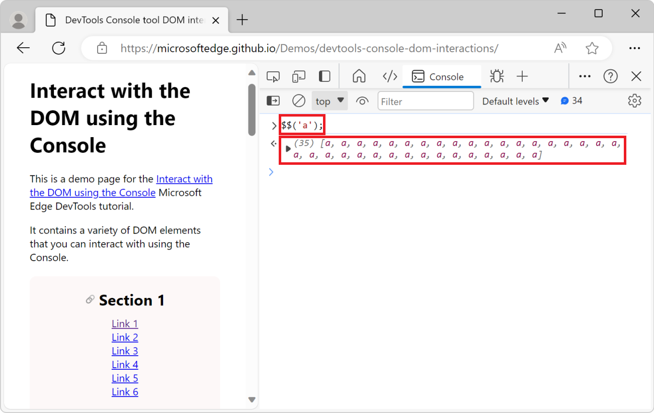 The result of the $$('a') function in the Console, which is an array of elements