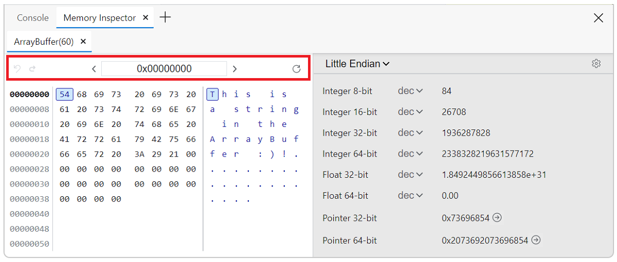 Memory inspector panel Navigation bar