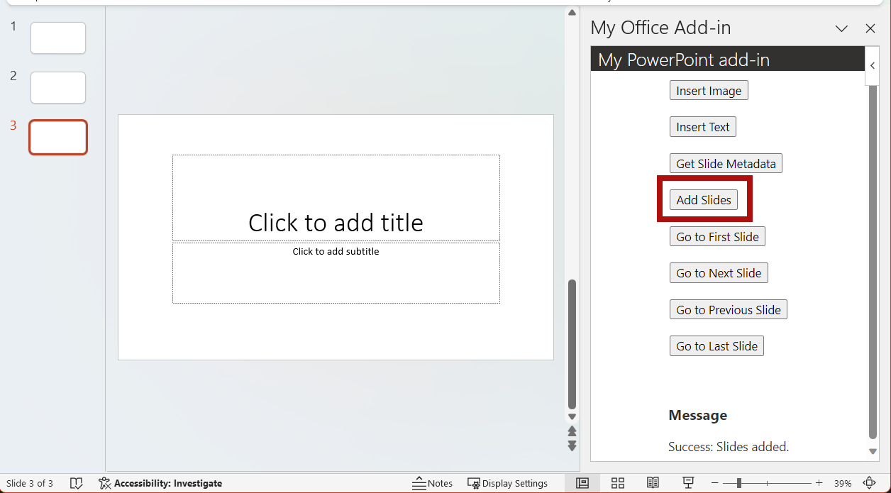 The Add Slides button highlighted in the add-in.