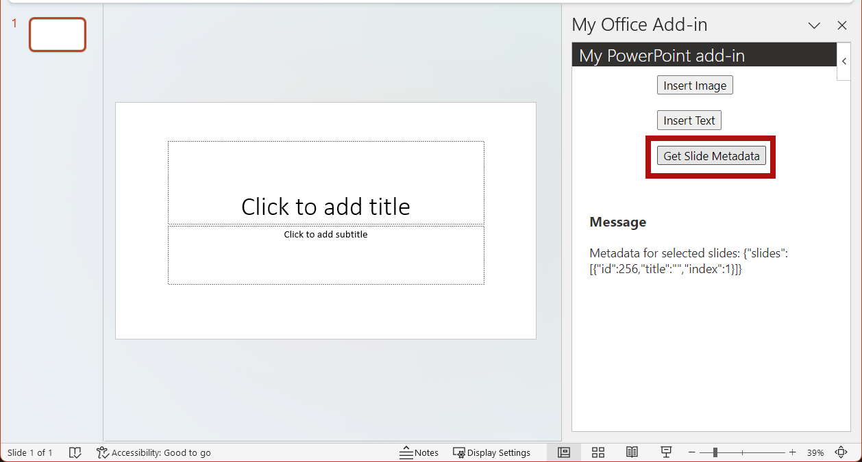 The Get Slide Metadata button highlighted in the add-in.
