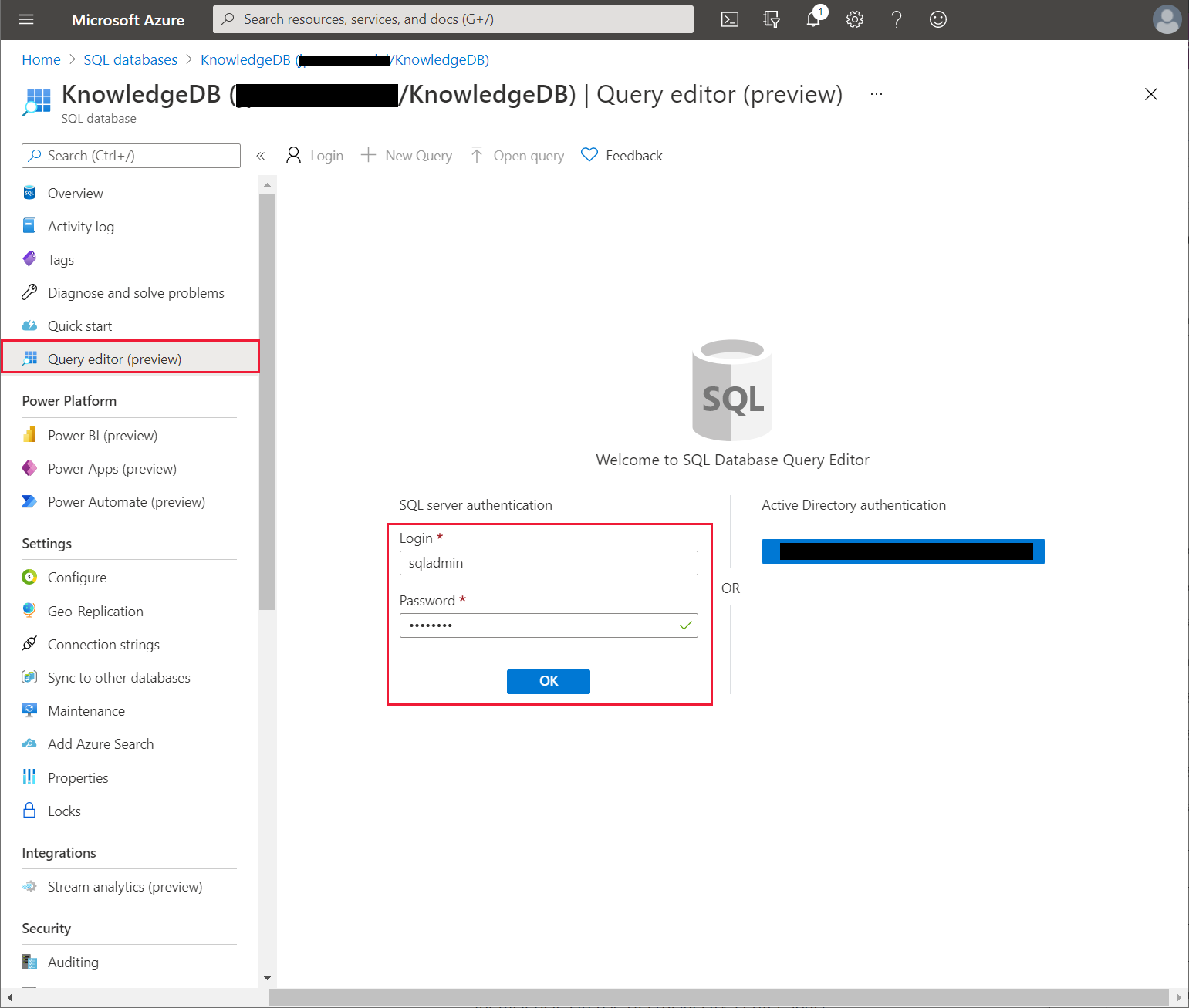 Prijavite se u Azure SQL bazu podataka.