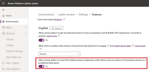 Uključi Copilot kontrolu odgovora u admin Power Platform centru
