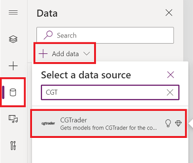 Prikazan je snimak ekrana table izvora podataka programa Microsoft Power Apps Studio, sa prikazanom pretragom za CGTrader.