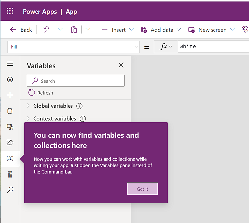 Snimak ekrana menija Varijable i kolekcije.