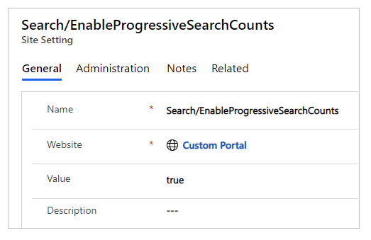 Podešavanje lokacije za progresivnu pretragu za Search/EnableProgressiveSearchCounts postavljeno na „true“.