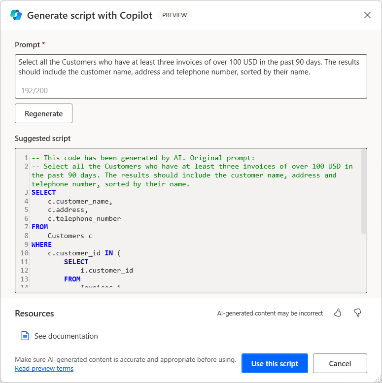 Snimak ekrana dijaloga Generisanje skripte sa otvorenim dijalogom Kopilota koji prikazuje generisanu SQL naredbu