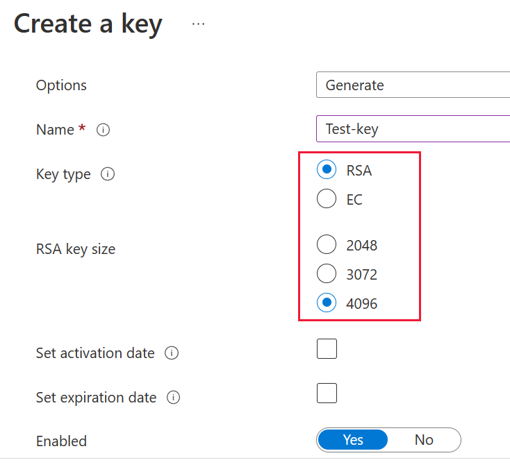 Screenshot of the RSA key type and size selections.