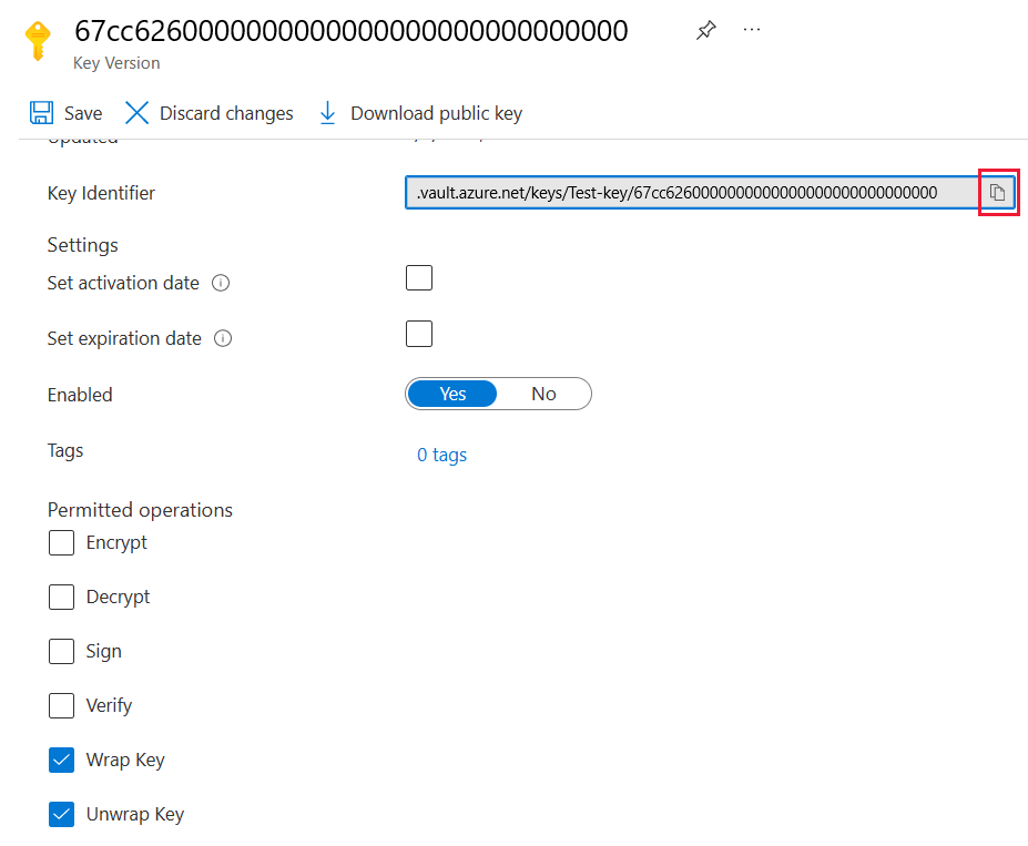 Screenshot of the key properties with the identifier and permitted operations.