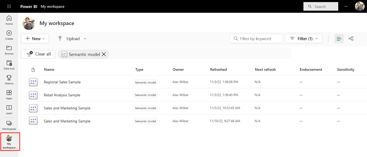 Screenshot of Power BI showing a sample workspace with Semantic models selected.