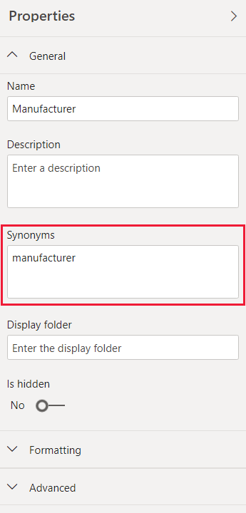 Screenshot showing the Q&A Properties pane with the Synonyms field highlighted.