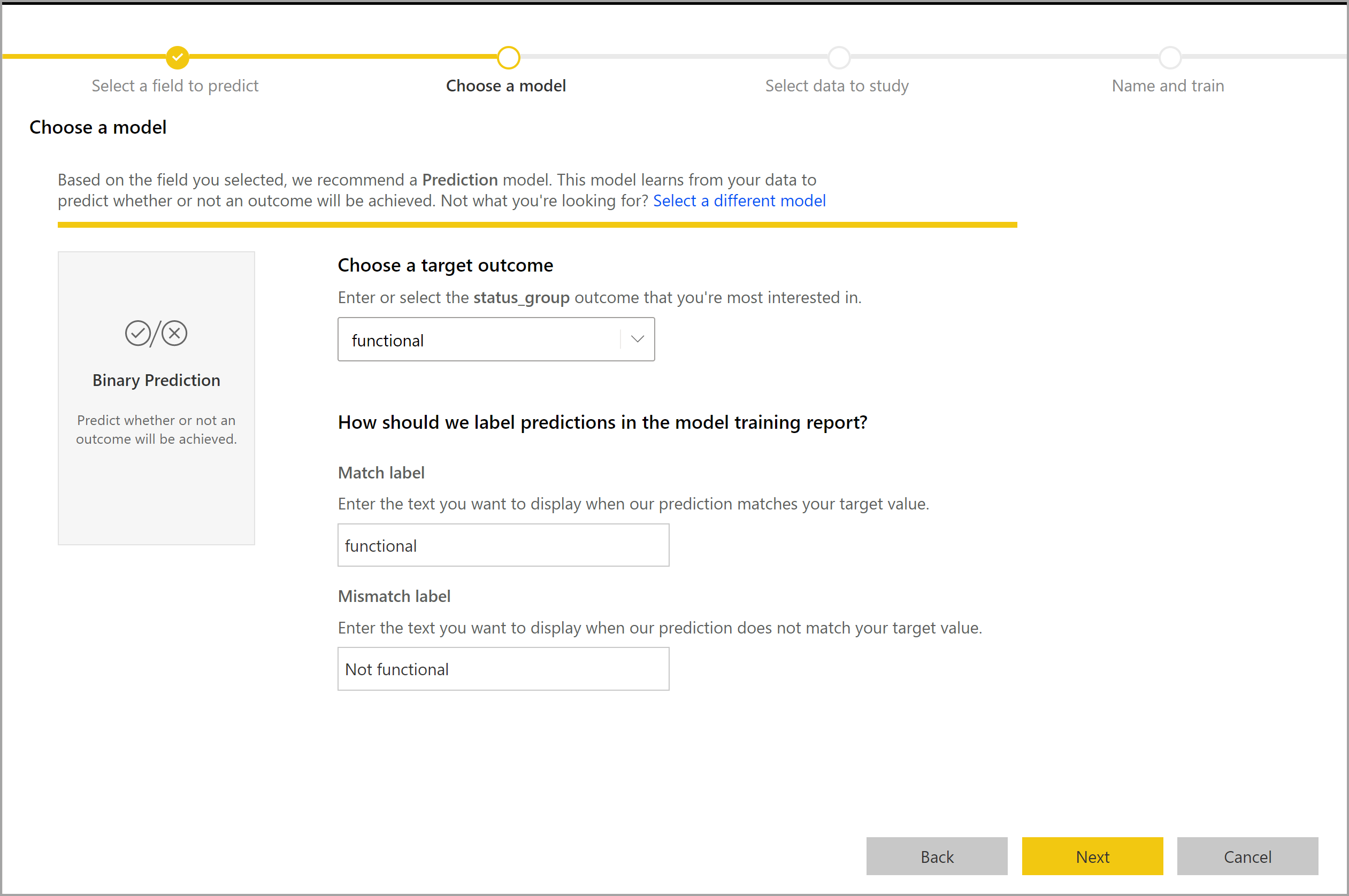 Screenshot of the Choose a model page for Binary Prediction.