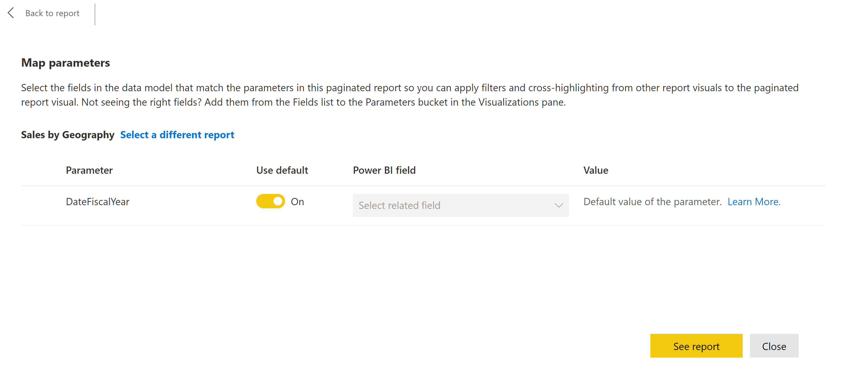 Screenshot of specifying parameters in the paginated report visual.