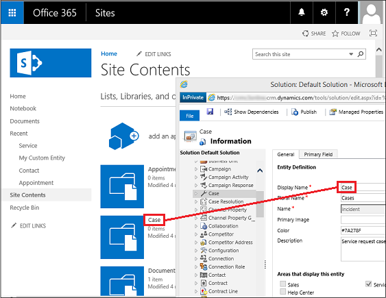 Ime u SharePoint biblioteci i ime za prikaz entiteta SharePoint Ime biblioteke i ime za prikaz entiteta.