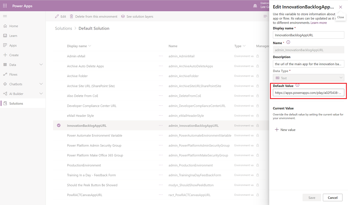Ažurirajte promenljivu okruženja InnovationBacklogAppURL.