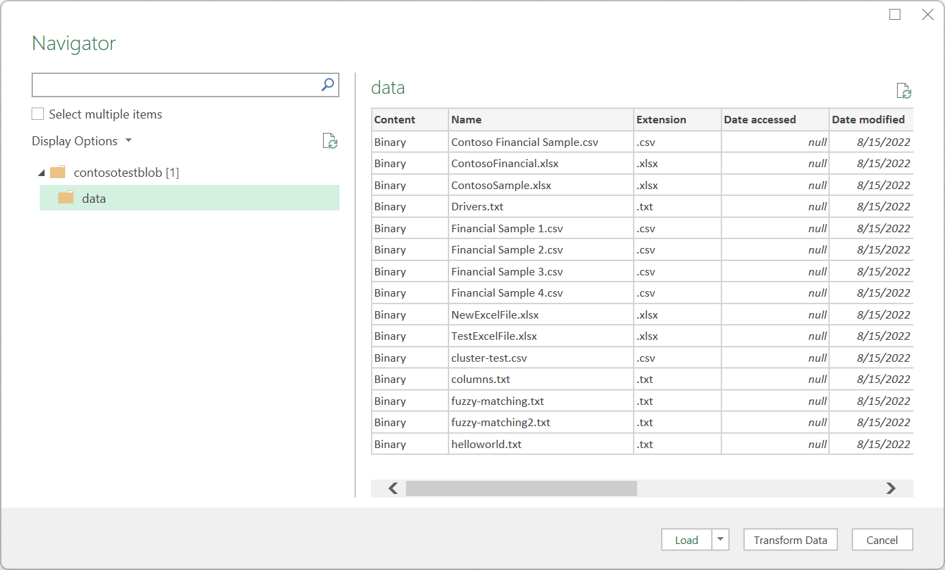 Screenshot of the Navigator open and containing the data from the Azure Blob Storage container.