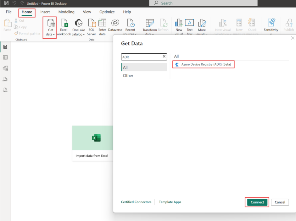 Screenshot of the Get Data dialog with the Azure Device Registry connector emphasized in Power Query Desktop.