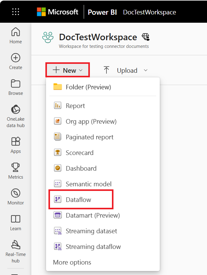Screenshot of the Power BI service workspace with the steps emphasizing how to create an analytical dataflow in Power BI.