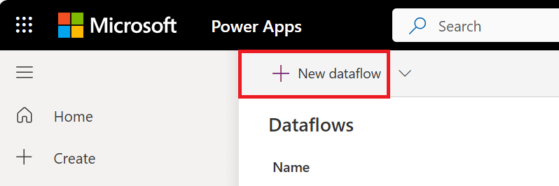 Screenshot of the Power Apps user interface showing the New dataflow option for creating a standard dataflow.