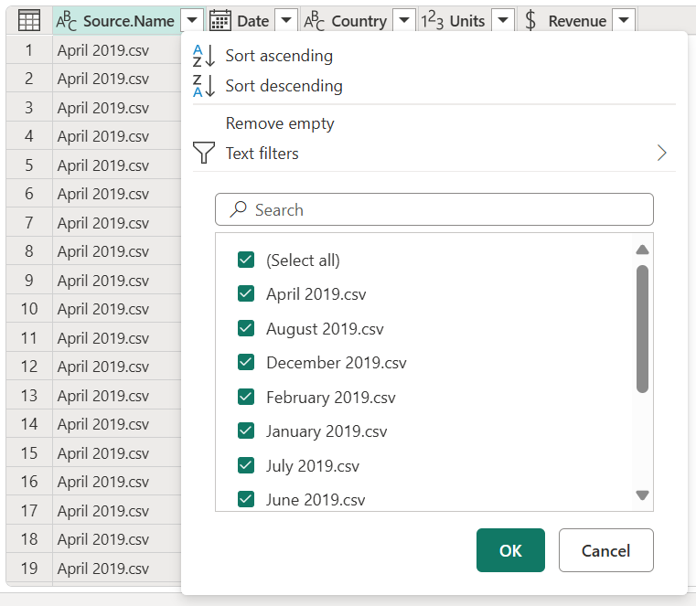 Screenshot of the filter dialog with the complete list of the files that are combined.