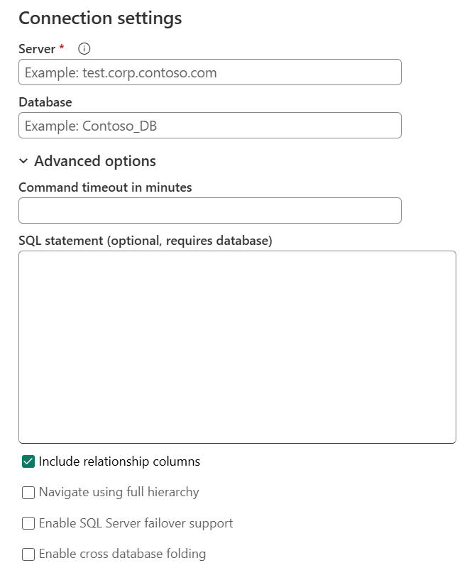 Screenshot of the Connect to data source dialog with the advanced options section expanded.