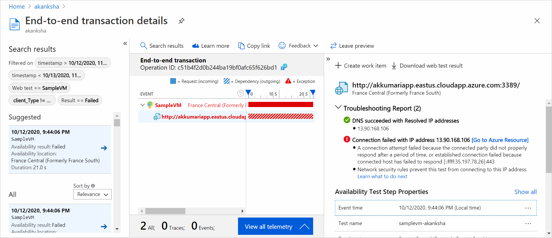 Screenshot that shows the tab for end-to-end transaction details.