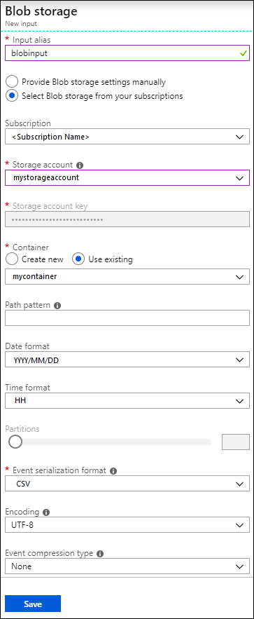 Add an input to your job Screenshot of the Blob storage - new input blade.