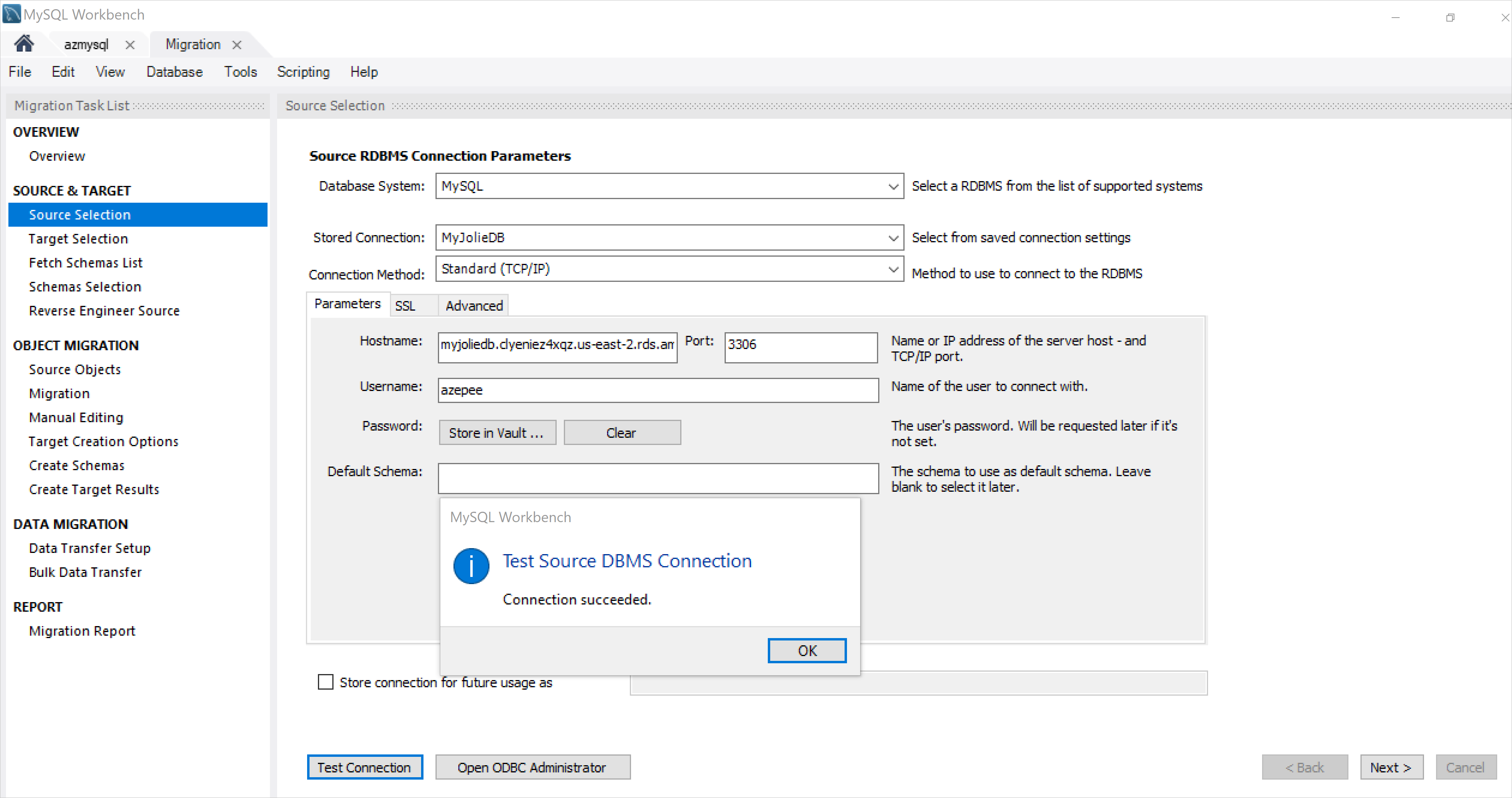 Source database connection parameters page