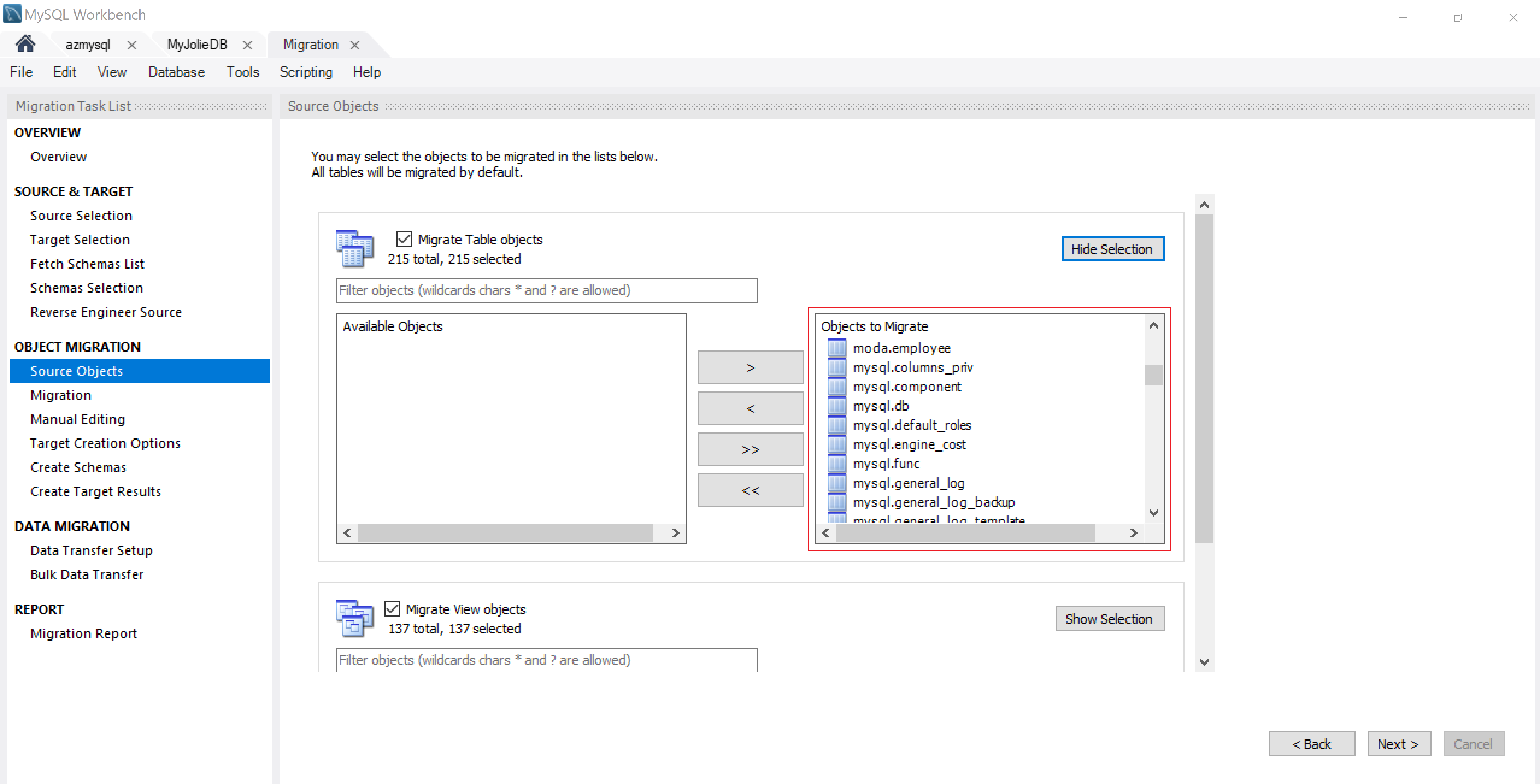 Source objects selection page