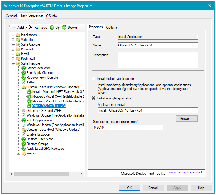 Screenshot of Windows 10 enterprise x64 RTM default image properties task sequence with Office 365 ProPlus x64 highlighted.