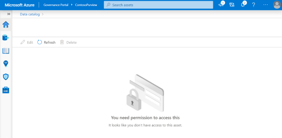 Screenshot of Microsoft Purview governance portal asset window where the user has no permissions, and has no access to information or options.