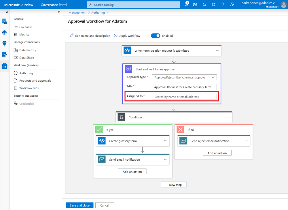 Screenshot showing the workflow authoring canvas, with the start and wait for an approval step opened, and the Assigned to textbox highlighted.